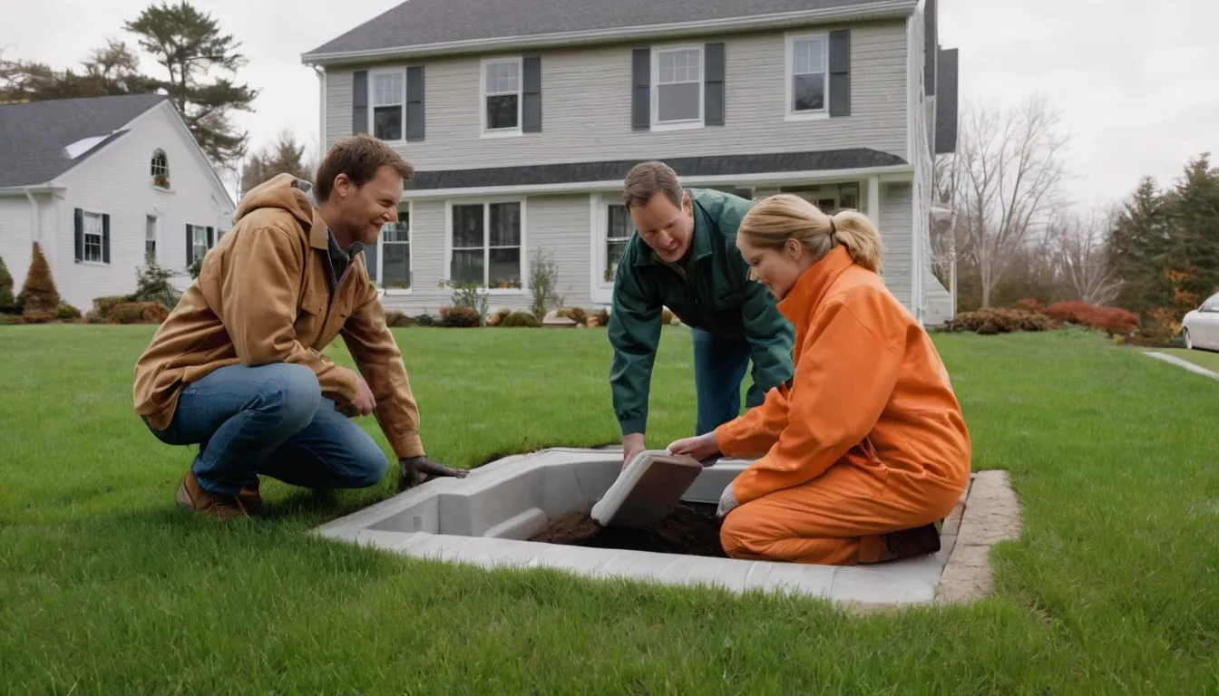Provider inspecting a septic tank lid in a snowy yard at a Taunton home
