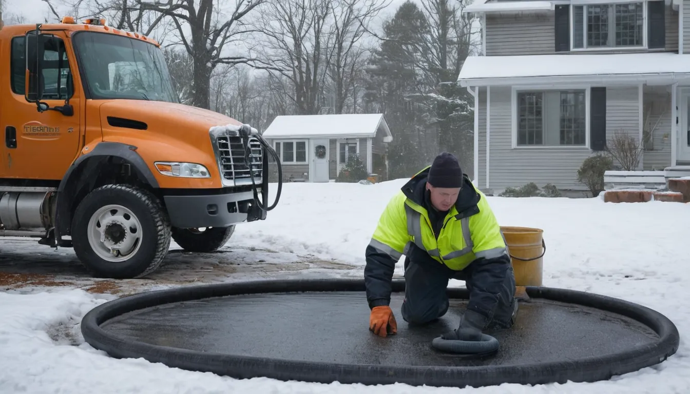 A septic tank pumping truck parked beside a snowy home in the Taunton area while a provider checks the tank lid